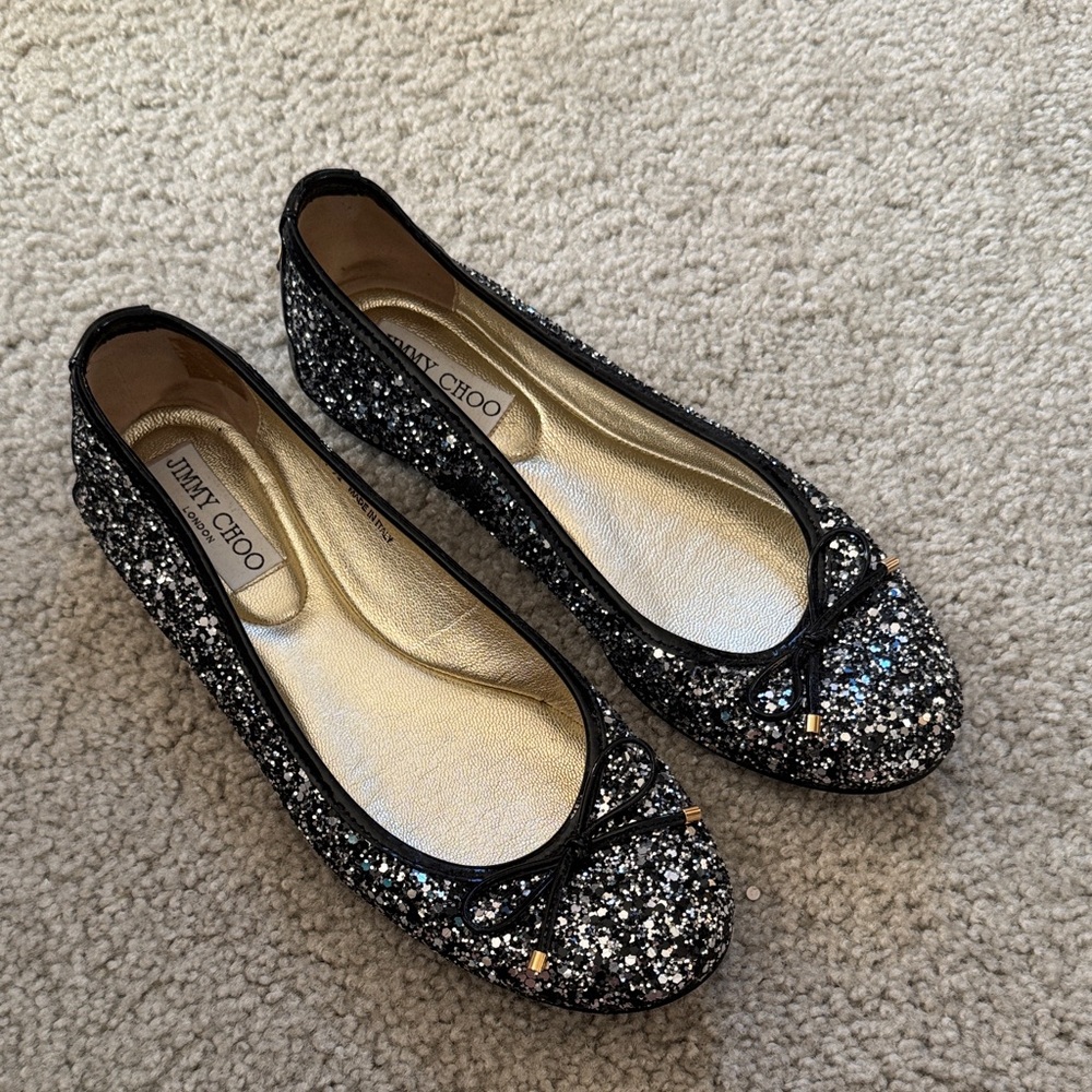 Jimmy Choo Silver and Black Glitter Flats